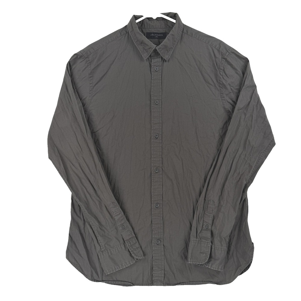 AllSaints Shirt Mens Large Green Solid‎ Long Sleeve Button Front Casual Logo